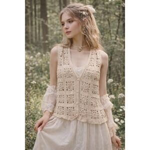 VTG Boho Crochet Lace Vest 3D Rosette Granny Square Cream Fairycore Cottagecore